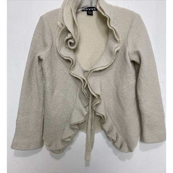 Revue Blazer Jacket Size M Beige Metallic 100% Wool Bow Tie Ruffle Long Sleeves - Picture 14 of 14